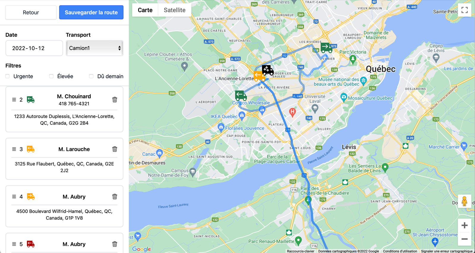 Interface de planification des routes Équipa